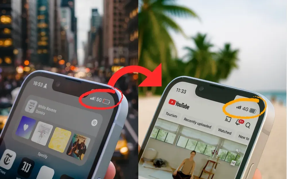 3 split view mobile screen 5G city vs 4G beach